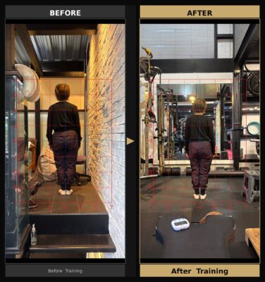 和歌山市のパーソナルジムTitanium Fitness Gymでの姿勢改善ビフォーアフター写真。1回のトレーニングで体の中心軸や肩の左右差が改善された様子。⁠